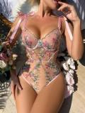 French floral embroidery see-through mesh sexy teddy lingerie