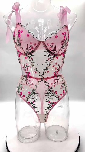 French floral embroidery see-through mesh sexy teddy lingerie