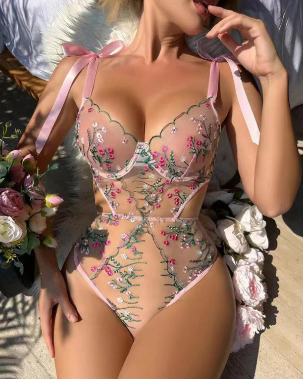 French floral embroidery see-through mesh sexy teddy lingerie