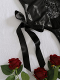 Sexy leather lace patchwork breast-leaking suspender bodysuit