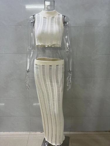 Fashionable sexy knitting see-through vest and skirt two-piece set