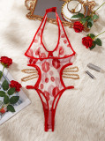 Sexy see-through red lip printed mesh halter neck chain sexy openable crotch bodysuit lingerie