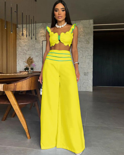 Summer solid color casual sexy two-piece wide-leg trousers suit