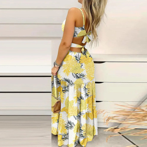 Summer elegant fashion printed backless slit long holiday dress