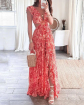 Summer printed deep V sexy waistless long pleated vocation dress