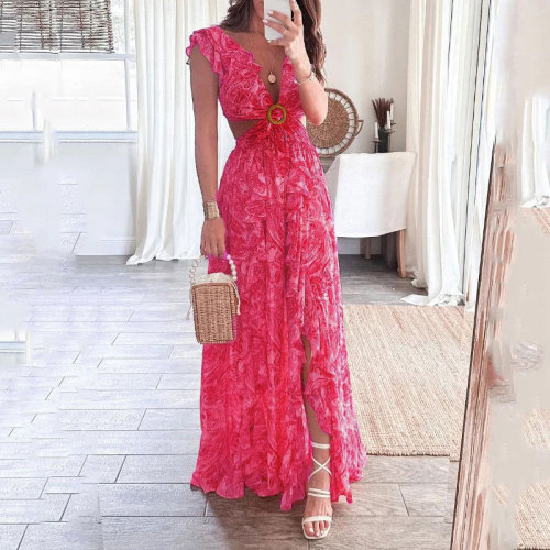 Summer printed deep V sexy waistless long pleated vocation dress