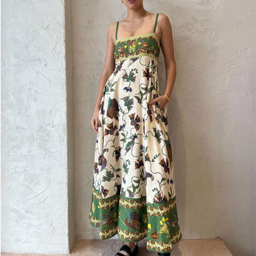 Summer elegant printed sleeveless straps vocation dress