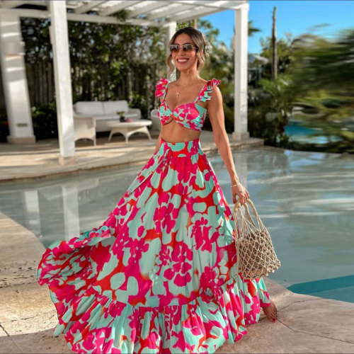 Printed sexy beach resort style two-piece women's skirt set vocation outfit