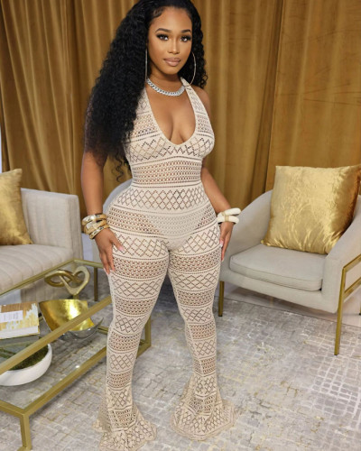 Solid color lace hollow out tight sexy jumpsuit
