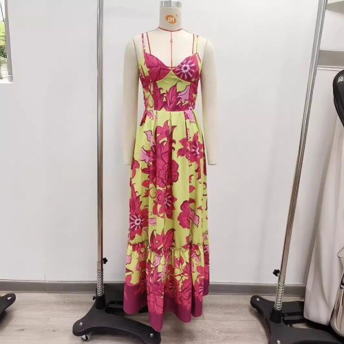 Summer printed high-waisted sexy suspender holiday ethnic style long dress