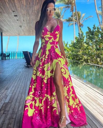 Summer printed high-waisted sexy suspender holiday ethnic style long dress