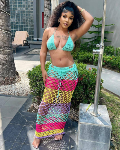 Summer three-piece knitted handhook strap beach bikini set