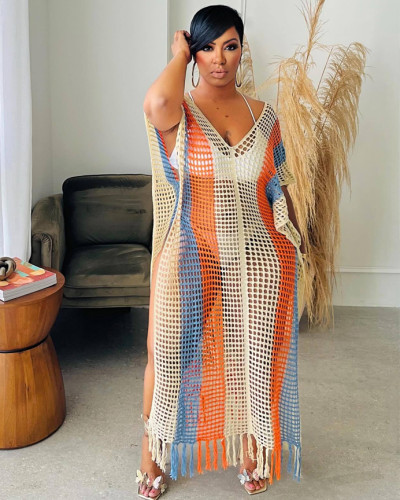 Summer women's long dress sexy handhook knitted tassel color block beach dress