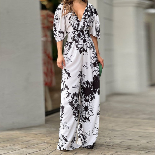 Stylish and Elegant Printed Bat-Sleeve Waist V-Neck Jumpsuit