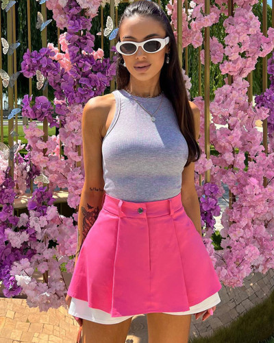Summer solid color high-waist fake two-piece patchwork pleated skirt