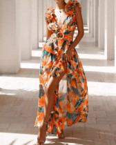 Fashionable bohemian print backless sexy long vocation dress
