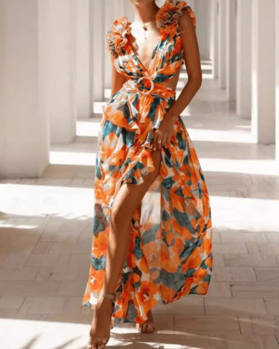 Fashionable bohemian print backless sexy long vocation dress