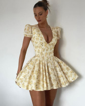 French sexy deep V slim waist short-sleeved pleated floral dress