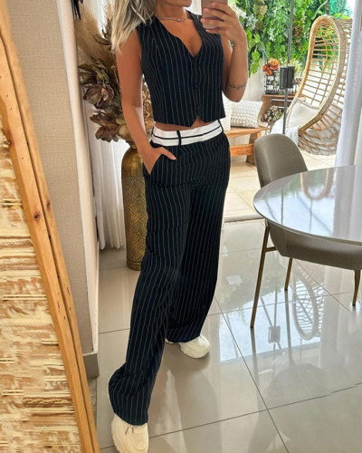 Summer blazer suit V-neck striped vest straight pants suit
