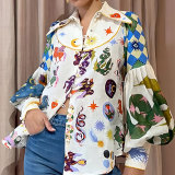 Printed lapel single-breasted balloon sleeve boho blouse