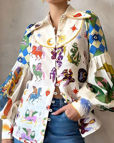 Printed lapel single-breasted balloon sleeve boho blouse