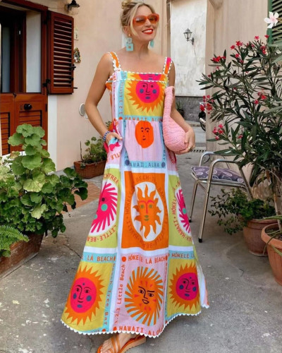 Smiley print side slit vocation boho dress
