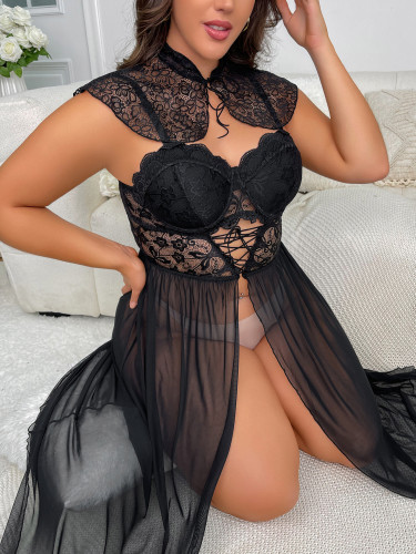 Plus size black lace floral mesh lingerie set