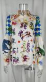 Printed lapel single-breasted balloon sleeve boho blouse