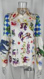 Printed lapel single-breasted balloon sleeve boho blouse