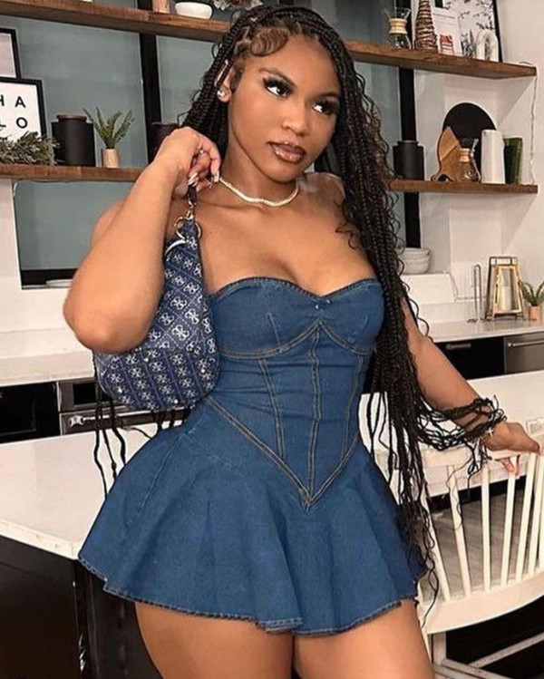 Summer sexy strapless A-line denim dress