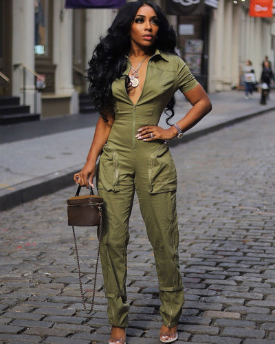 Fashionable and Sexy Summer Zipper Pocket Cargo Jumpsuit