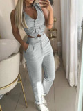 Fashionable solid color crop vest and high waisted trousers two-piece set
