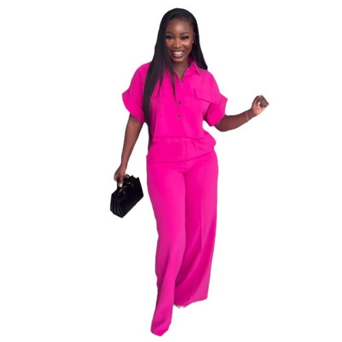 Fashionable solid color crop top and high waisted trousers two-piece set