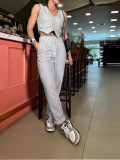 Fashionable solid color crop vest and high waisted trousers two-piece set