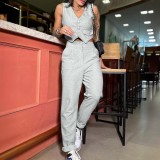 Fashionable solid color crop vest and high waisted trousers two-piece set