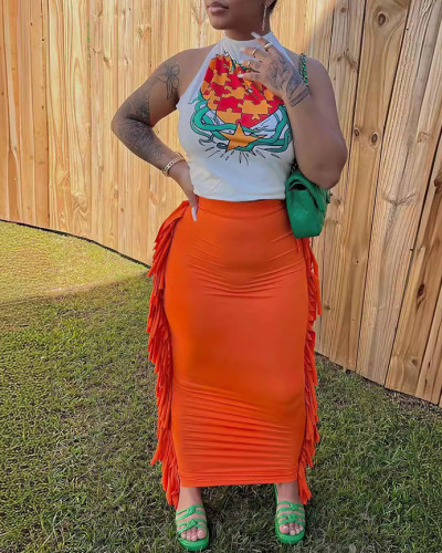Sexy Print Vest Solid Color Midi Skirt Tassel Set