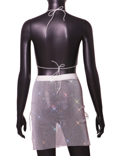 Sexy nightclub rhinestone fishnet top and skirt set