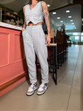 Fashionable solid color crop vest and high waisted trousers two-piece set