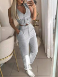 Fashionable solid color crop vest and high waisted trousers two-piece set