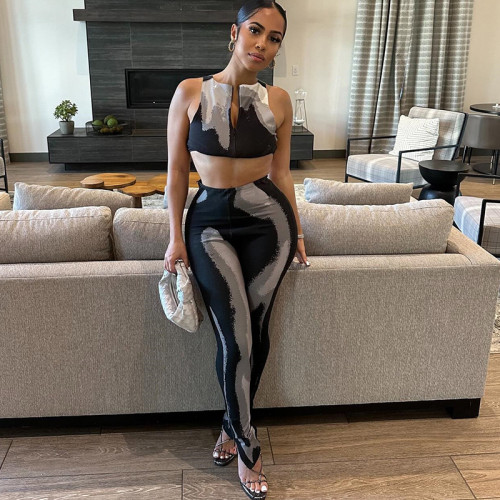 Summer fashion printed slim vest trousers set