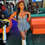 Summer sexy pleated V-neck stretch denim dress