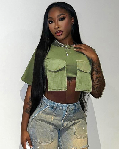 Summer round neck short sleeve pocket crop top