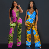 Summer resort style print halter jumpsuit