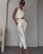 Summer solid color round neck button top straight pants suit for women