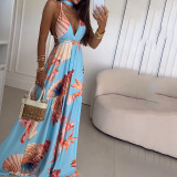 Summer halterneck strappy holiday style print long maxi dress
