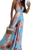 Summer halterneck strappy holiday style print long maxi dress