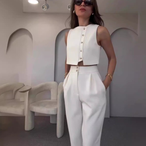 Summer Sleeveless Vest Top High Waist Straight Leg Pants Solid Color White Two-piece Set