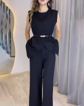 Summer solid color round neck sleeveless top high waist wide leg pants two piece set