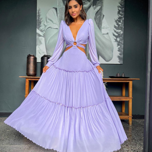 Elegant deep V-neck purple long-sleeved sexy A-line long banquet dress