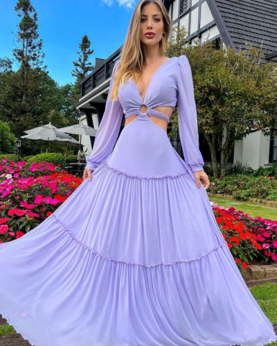 Elegant deep V-neck purple long-sleeved sexy A-line long banquet dress